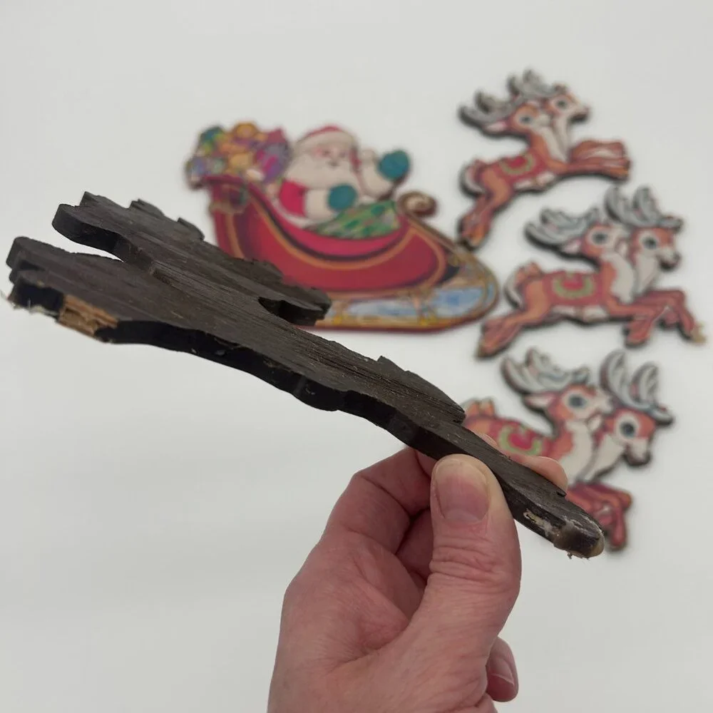 VTG Beistle Santa Sleigh & Reindeer Christmas Die Cut Decoration ON‎ WOOD